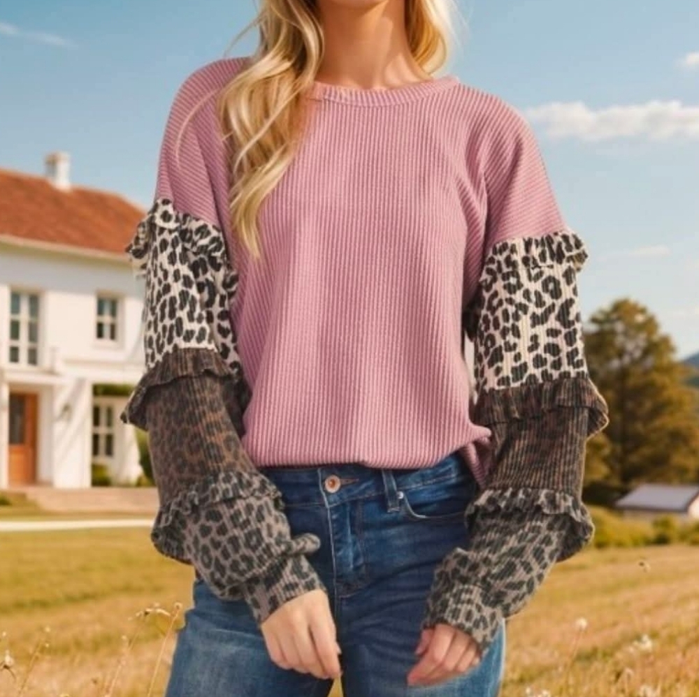 New Heimish Urban Ribbed Animal Print Color Block Top